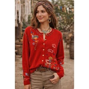 GW JEANS CO. Red Embroidered Asian Floral Cardigan Sweater Medium